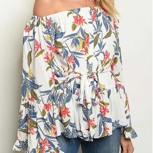 OFF SHOULDER WAIST TIE FLORAL PRINT LOOSE FIT TOP